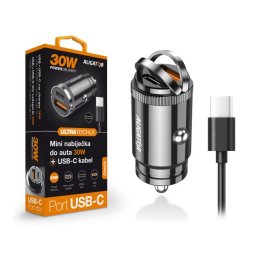 Alligátor mini autós töltő Power Delivery 30W, USB-C USB-A, USB-C/USB-C kábel