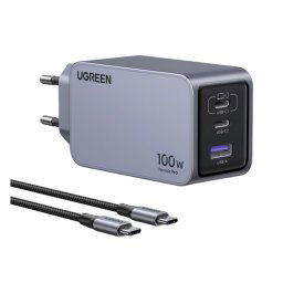 UGREEN NEXODE PRO X757 hálózati töltő USB+3 Type-C aljzat (100W, GaN, PD gyorstöltő + Type-C kábel) SÖTÉTSZÜRKE