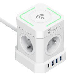 Viking ACT44W hálózati adapter/kimenet: 4xAC, 3xUSB-A, 1xUSB-C/vezeték nélküli töltés/be/ki gomb/2m kábel