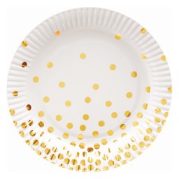 Papír tányér fehér, arany pöttyös, 18cm, 6 db/cs