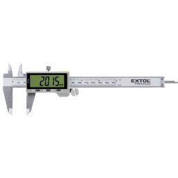 EXTOL PREMIUM digitális tolómérő; 0,01×150mm, mélységmérővel, rozsdamentes acél, pontosság ?0,02 mm, IP54
