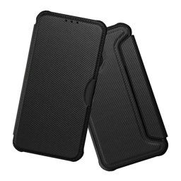 Tok álló, bőr hatású (FLIP, oldalra nyíló, ütésállóság, légpárnás sarok, kameravédő, karbon minta) FEKETE Xiaomi Redmi Note 14 Pro 4G