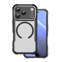 Szilikon telefonvédő (ütésállóság, légpárnás sarok, kameravédő, karbon minta, MagSafe) FEKETE Apple iPhone 17 Pro Max