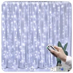 200 micro LED-es USB-s beltéri fényfüggöny, 8 világítási móddal, távirányítóval, 2 x 2 m, hideg fehér, IP65, HT