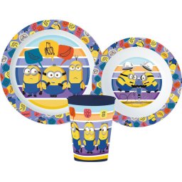 Minyonok Striped étkészlet, micro műanyag szett, pohárral 260 ml