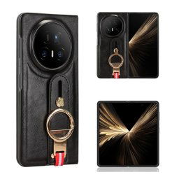 Műanyag telefonvédő (bőr hatású hátlap, tartógyűrű, kitámasztó) FEKETE Honor Magic V5
