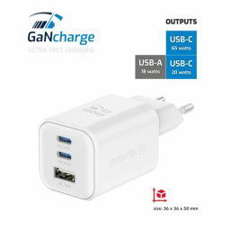 SWISSTEN HÁLÓZAT ADAPTER GaN 2x USB-C 65W PD 1x USB-A 18W QC FEHÉR