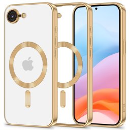 Apple iPhone 16e / 17e, Műanyag hátlap védőtok + szilikon keret, közepesen ütésálló, Magsafe töltővel kompatibilis, fényes keret, Magflex Magsafe, átlátszó/arany