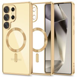 Samsung Galaxy S25 Ultra SM-S938, Műanyag hátlap védőtok + szilikon keret, közepesen ütésálló, Magsafe töltővel kompatibilis, fényes keret, Magflex Magsafe, átlátszó/arany