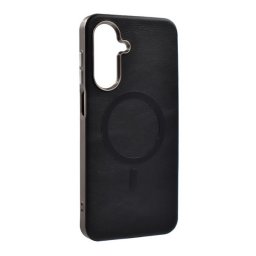 Szilikon telefonvédő (ECO bőr hatású hátlap, karcolásmentesítő belső, fém kameravédő, MagSafe, prémium) FEKETE Samsung Galaxy A26 5G (SM-A266)