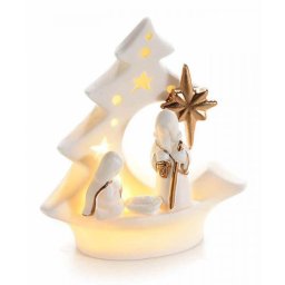 Kerámia Betlehem dekoráció LED-es fénnyel - 11x5,5x13 cm - fehér/arany