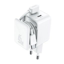 JOYROOM JR-TCL05 hálózati töltő 2 Type-C aljzat (45W, GaN, gyorstöltő, kábelrendező + Type-C kábel) FEHÉR