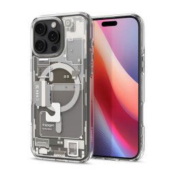 Apple iPhone 16 Pro, Műanyag hátlap védőtok + szilikon keret, Magsafe töltővel kompatibilis, iPhone belső minta, Spigen Ultra Hybrid Zero One Mag, átlátszó/bézs