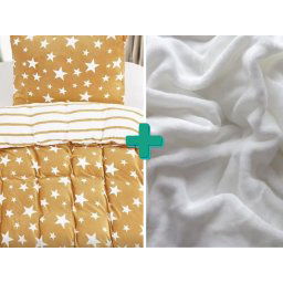 STARS bézs 2db mikroplüss ágynemű + SOFT fehér mikroplüss lepedő 180x200 cm