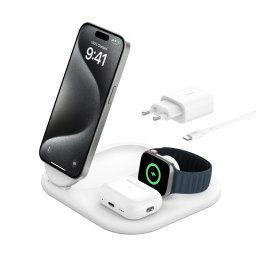 Belkin BOOST CHARGE™ Qi2 15W 3in1 mágneses töltőállvány, összecsukható, fehér színben