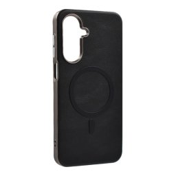 Szilikon telefonvédő (ECO bőr hatású hátlap, karcolásmentesítő belső, fém kameravédő, MagSafe, prémium) FEKETE Samsung Galaxy A17 5G (SM-A176)