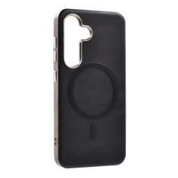Szilikon telefonvédő (ECO bőr hatású hátlap, karcolásmentesítő belső, fém kameravédő, MagSafe, prémium) FEKETE Samsung Galaxy S25 FE (SM-S731)