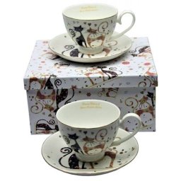 Fekete-arany cicás porcelán teáscsésze aljjal készlet 250 ml - 2 személyes