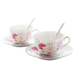 Rózsás porcelán cappuccino csésze aljjal és kanállal - 2 személyes - arany szegélyes