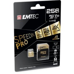 EMTEC Memóriakártya, microSDXC, 256GB, UHS-I/U3/V30/A2, 100/95 MB/s, adapter, EMTEC "SpeedIN"