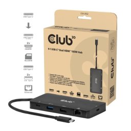 Club3D dokkolóállomás USB-C 9v1, 2xHDMI, 1xUSB-C, 1xUSB-C PD, 2xUSB, 1xRJ45, microSD/SD, fekete színben
