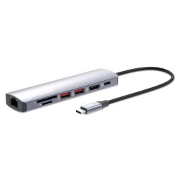 MANHATTAN USB-C 7in1 dokkolóállomás, 1xHDMI, 1xUSB-C, 2xUSB, 1xRJ45, SD kártyaolvasó, szürke színben