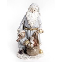 Mikulás kisgyermekkel, játékkal teli puttonnyal - 21,5 cm - poliresin - ezüstzöldes