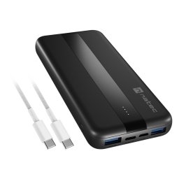 Power bank Natec TREVI SLIM Q V2 10000mAh, 2X USB-A 18W, 1X USB-C 20W, USB-C - USB0-C kábel, fekete színű