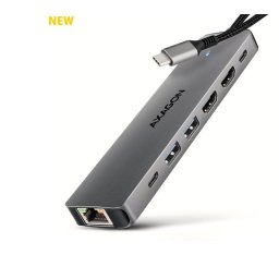 AXAGON HMC-7HX2, USB 5Gbps hub, 2x USB-A, USB-C, 2x HDMI 4k/60Hz, RJ-45 GLAN, PD 100W, USB-C kábel 15cm