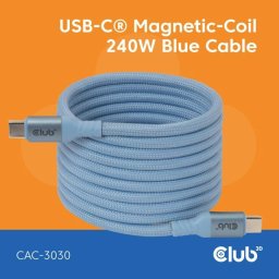 Club3D mágneses USB-C kábel, 240W PD3.1, 480 Mbps, 2m, kék