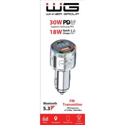 WG - Autótöltő, FM adó, USB-A QC 3.0 18W USB-C PD 30W, ezüst színű
