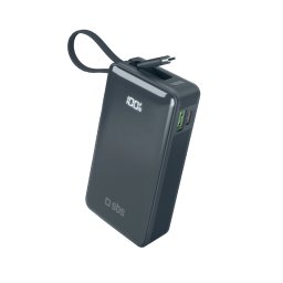 Powerbank SBS 10000 mAh 20W beépített USB-C kábellel és digitális kijelzővel - sötétszürke színben