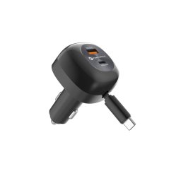 FORCELL F-ENERGY Alu autós töltő visszahúzható kábellel C típusú és C típusú + USB-A aljzat PD QC4.0 SFC2.0 3A 75W fekete