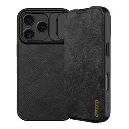 NILLKIN QIN PRO tok álló, bőr hatású (FLIP, oldalra nyíló, kártyazseb, kameravédő) FEKETE Apple iPhone 17 Pro