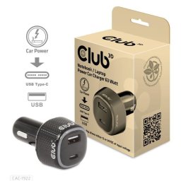 Club3D autós töltő laptopokhoz 63W, 2 port (USB-A USB-C)