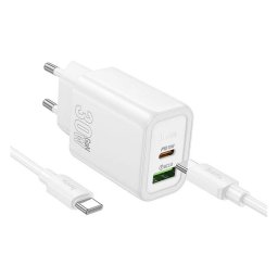 HOCO N63 hálózati töltő USB+Type-C aljzat (30W, PD gyorstöltő 3.0 + Type-C kábel) FEHÉR