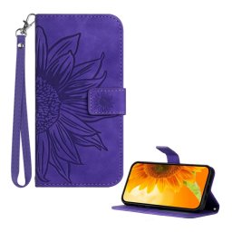 Tok álló, bőr hatású (FLIP, oldalra nyíló, asztali tartó, bankkártya tartó + kézpánt, napraforgó minta) SÖTÉTLILA T Phone 3 5G