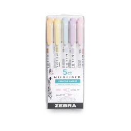Szövegkiemelő készlet, 1,4/4 mm, kétvégű, Zebra Mildliner Highlighter Gentle, 5 különböző szín