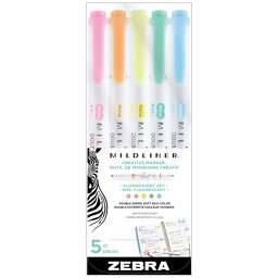 Szövegkiemelő készlet, 1,4/4 mm, kétvégű, Zebra Mildliner Fluorescent, 5 szín