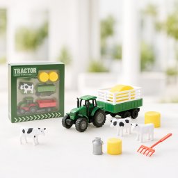KidsToys játék traktor pótkocsival, szalmabálával és szerszámokkal, 7 cm ABS