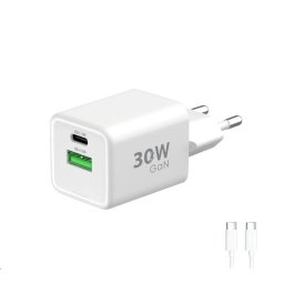 WG - GaN hálózati töltő 2x USB 30W, 1x USB-C PD3.0 PPS QC4 30W USB-A 18W, C-típusú C-típusú kábel, fehér színben