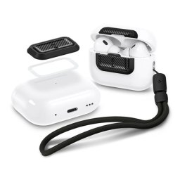 SPIGEN LOCK FIT M műanyag tok (ütésállóság, karabíner, kézpánt, karbon minta) FEKETE Apple AirPods Pro 1/2