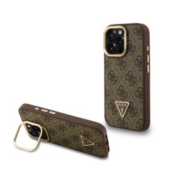 GUESS PU 4G STRASS TRIANGLE LOGO STAND műanyag telefonvédő (ütésállóság, bőr hatású hátlap, kitámasztó) BARNA Apple iPhone 16 Pro Max