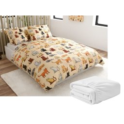 Mikroplüss ágyneműhuzat készlet COLORED CATS krém színű + mikroplüss lepedő SOFT 90x200 cm fehér, egyszemélyes