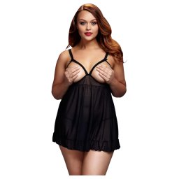 BACI Plus Size - nyitott, pöttyös, fekete babydoll (XL-XXL)