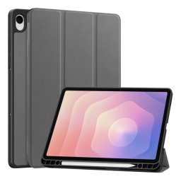 Tok álló, bőr hatású (aktív FLIP, oldalra nyíló, TRIFOLD, asztali tartó, ceruza tartó) SÖTÉTSZÜRKE Samsung Galaxy Tab S11 5G (SM-X736B), Galaxy Tab S11 WIFI (SM-X730)
