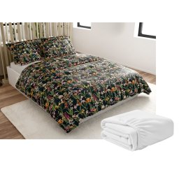 Mikroplüss ágyneműhuzat szett MYSTIC GARDEN sötétzöld + Mikroplüss lepedő SOFT 90x200 cm fehér, egyszemélyes ágyhoz