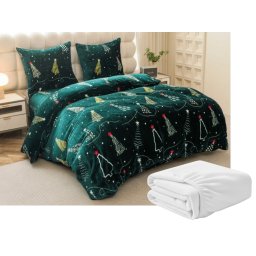 Mikroplüss ágyneműhuzat szett CHRISTMAS DRIFT zöld + Mikroplüss lepedő SOFT 90x200 cm fehér, egyszemélyes