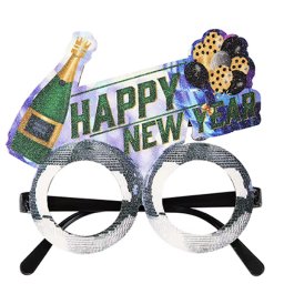 Happy New Year glitteres szemüveg, pezsgő és lufik színes