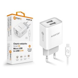 ALIGATOR 2.4A intelligens hálózati töltő, 2xUSB, intelligens IC, fehér, micro USB kábel